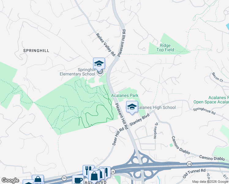 map of restaurants, bars, coffee shops, grocery stores, and more near 3268 Park Lane in Lafayette