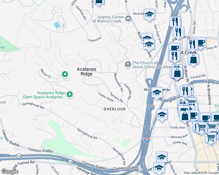 map of restaurants, bars, coffee shops, grocery stores, and more near 68 Terrace Road in Walnut Creek