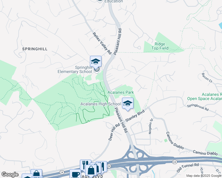 map of restaurants, bars, coffee shops, grocery stores, and more near 3268 Park Lane in Lafayette