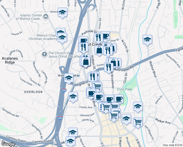 map of restaurants, bars, coffee shops, grocery stores, and more near 2033 North Main Street in Walnut Creek