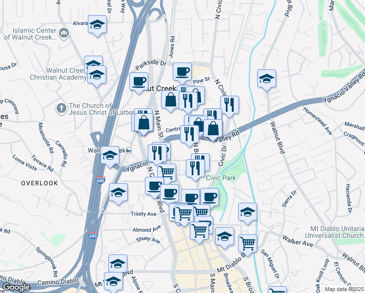 map of restaurants, bars, coffee shops, grocery stores, and more near 555 Ygnacio Valley Road in Walnut Creek