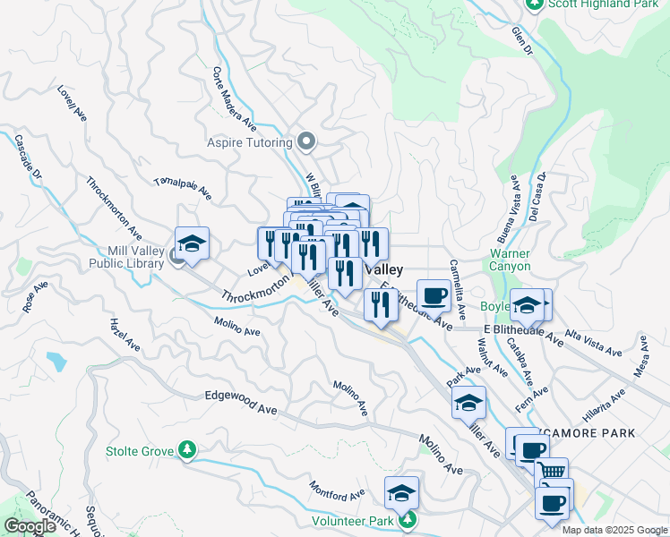 map of restaurants, bars, coffee shops, grocery stores, and more near 35 Throckmorton Avenue in Mill Valley