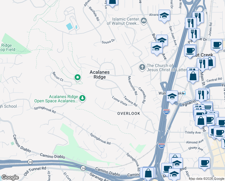 map of restaurants, bars, coffee shops, grocery stores, and more near 54 Loma Vista in Walnut Creek