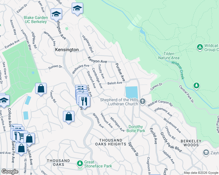 map of restaurants, bars, coffee shops, grocery stores, and more near 426 Beloit Avenue in Kensington