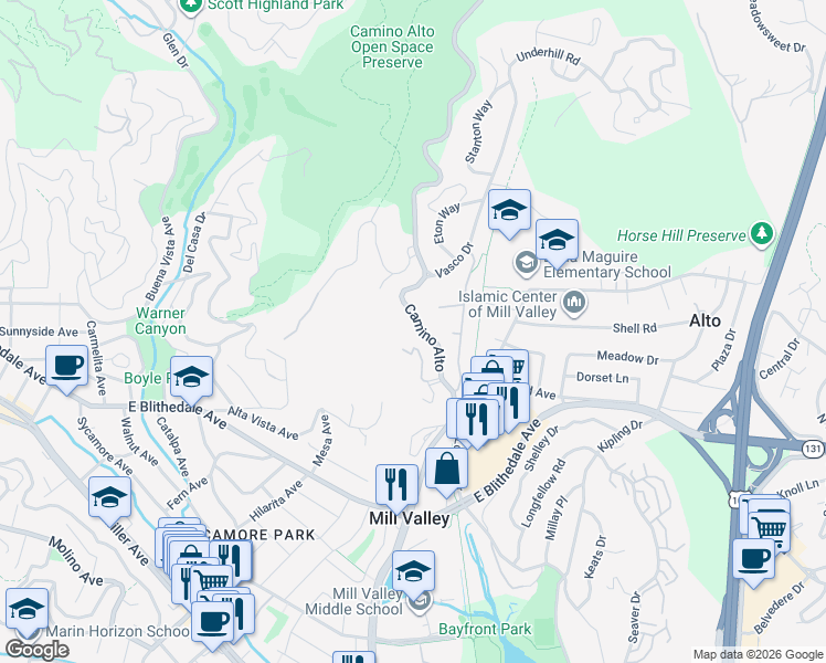 map of restaurants, bars, coffee shops, grocery stores, and more near 250-278 Camino Alto in Mill Valley