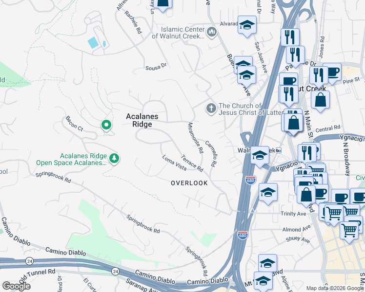 map of restaurants, bars, coffee shops, grocery stores, and more near 68 Terrace Road in Walnut Creek