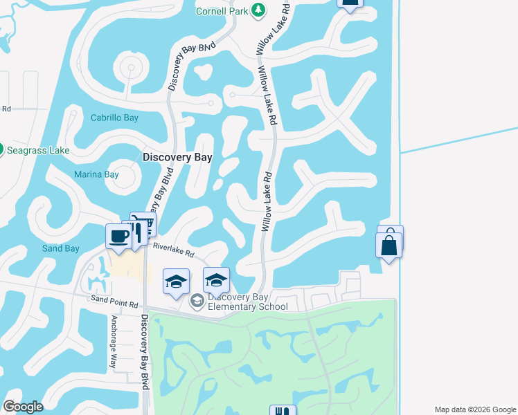 map of restaurants, bars, coffee shops, grocery stores, and more near 1301 Willow Lake Road in Discovery Bay