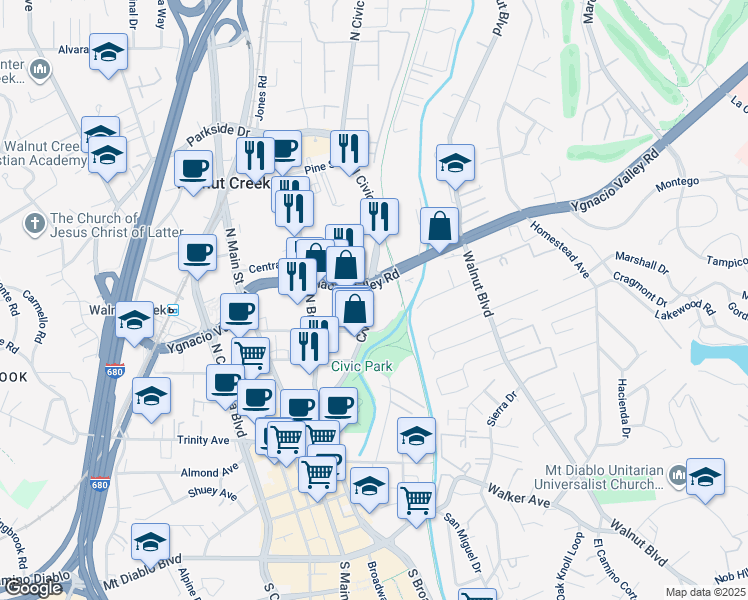map of restaurants, bars, coffee shops, grocery stores, and more near 1101 Civic Drive in Walnut Creek