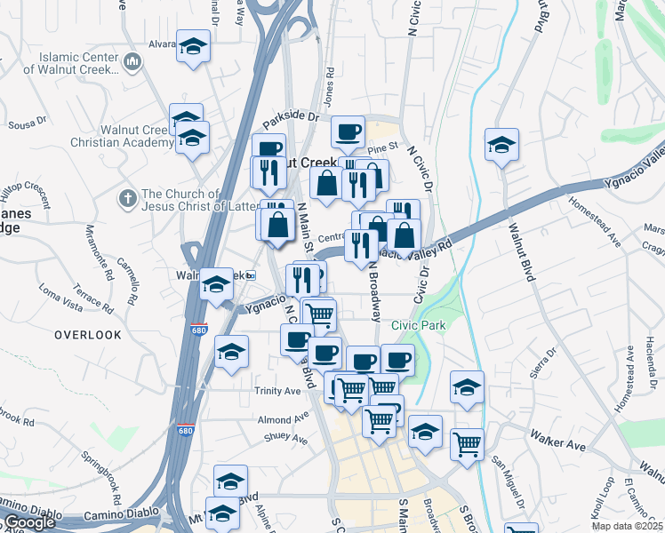 map of restaurants, bars, coffee shops, grocery stores, and more near 1980 North Main Street in Walnut Creek