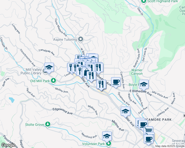map of restaurants, bars, coffee shops, grocery stores, and more near in Mill Valley