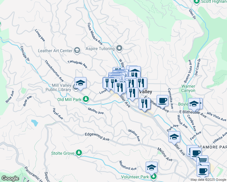 map of restaurants, bars, coffee shops, grocery stores, and more near 130 Throckmorton Avenue in Mill Valley