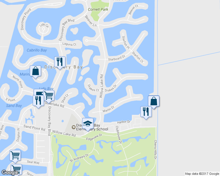 map of restaurants, bars, coffee shops, grocery stores, and more near 5593 Drakes Drive in Discovery Bay