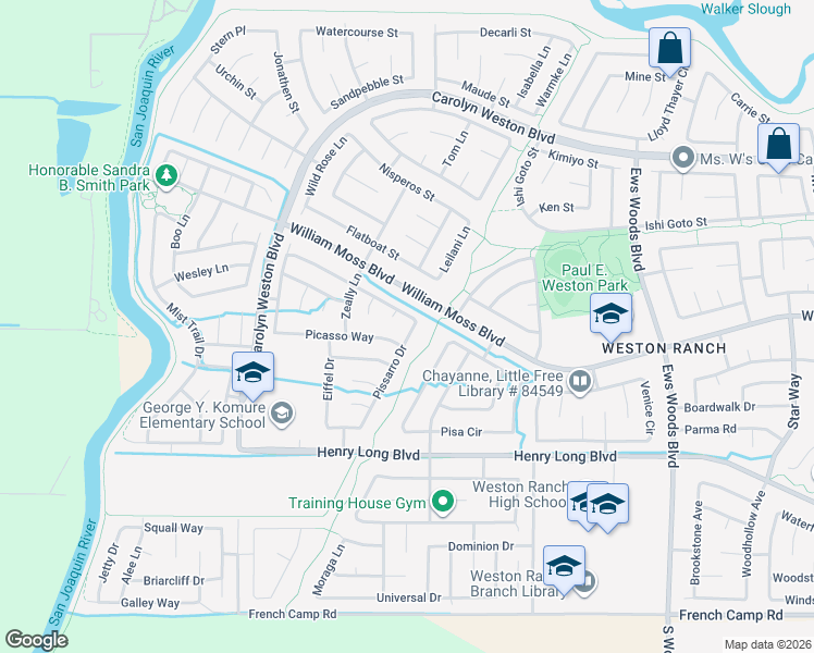 map of restaurants, bars, coffee shops, grocery stores, and more near 4127 Pissarro Drive in Stockton