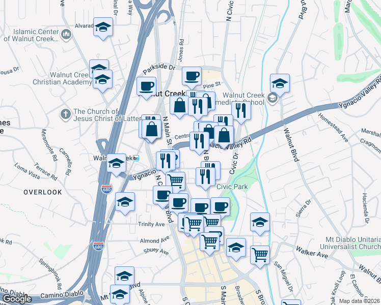 map of restaurants, bars, coffee shops, grocery stores, and more near 555 Ygnacio Valley Road in Walnut Creek