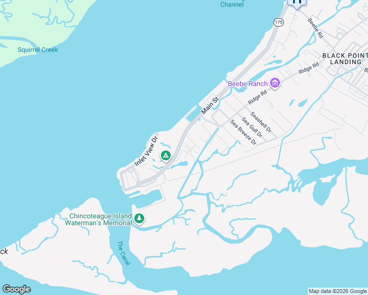 map of restaurants, bars, coffee shops, grocery stores, and more near 2331 Bay Side in Chincoteague