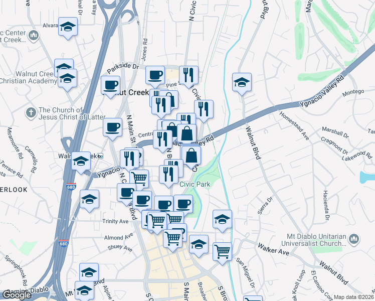 map of restaurants, bars, coffee shops, grocery stores, and more near 680 Ygnacio Valley Road in Walnut Creek