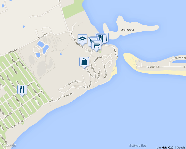 map of restaurants, bars, coffee shops, grocery stores, and more near 80 Brighton Ave in Bolinas