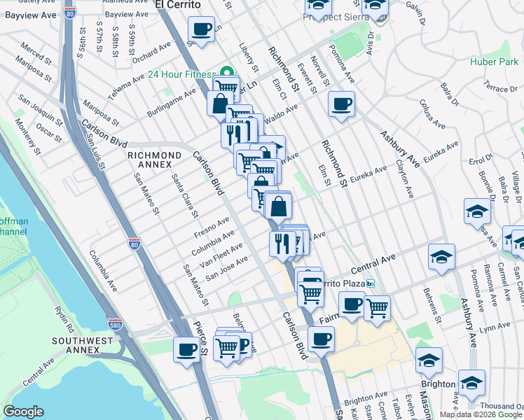 map of restaurants, bars, coffee shops, grocery stores, and more near 10323 San Pablo Avenue in El Cerrito