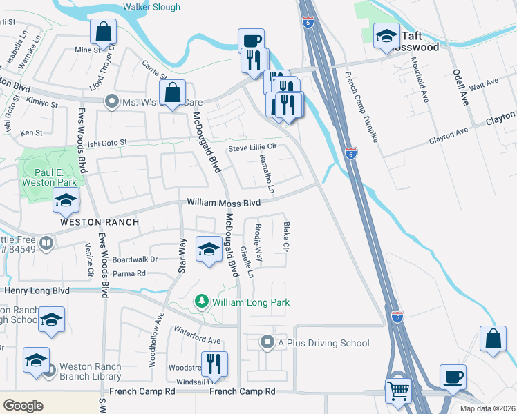 map of restaurants, bars, coffee shops, grocery stores, and more near 706 William Moss Boulevard in Stockton