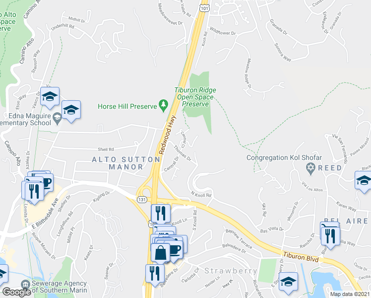 map of restaurants, bars, coffee shops, grocery stores, and more near 30 Central Drive in Mill Valley