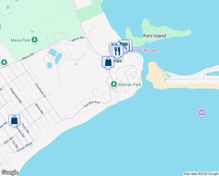 map of restaurants, bars, coffee shops, grocery stores, and more near 80 Brighton Avenue in Bolinas