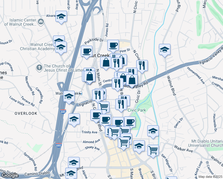 map of restaurants, bars, coffee shops, grocery stores, and more near 555 Ygnacio Valley Road in Walnut Creek
