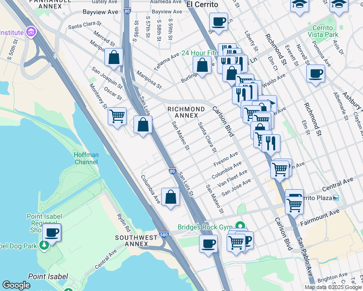 map of restaurants, bars, coffee shops, grocery stores, and more near 5529 Huntington Avenue in Richmond