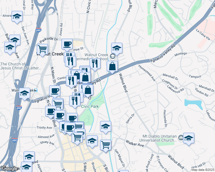 map of restaurants, bars, coffee shops, grocery stores, and more near 72 Bradley Avenue in Walnut Creek