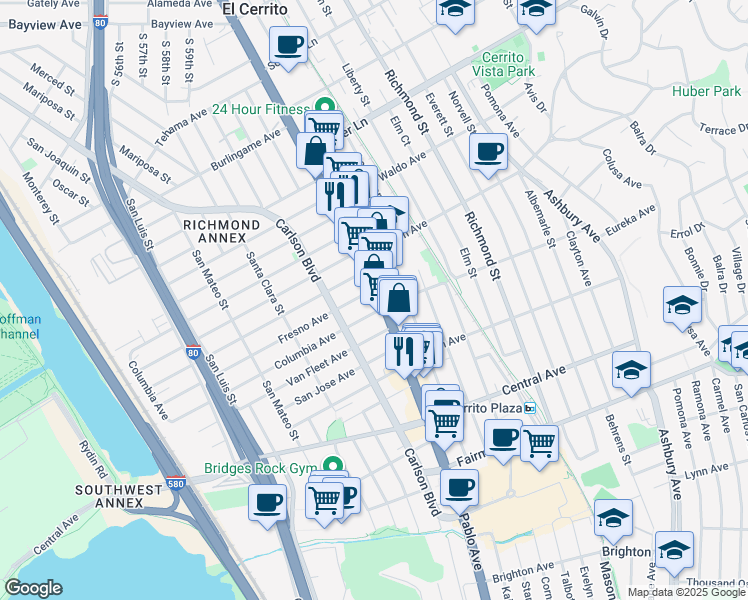 map of restaurants, bars, coffee shops, grocery stores, and more near 10317 San Pablo Avenue in El Cerrito