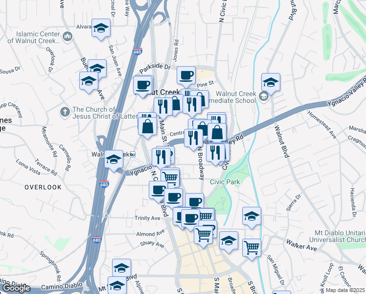map of restaurants, bars, coffee shops, grocery stores, and more near 555 Ygnacio Valley Road in Walnut Creek