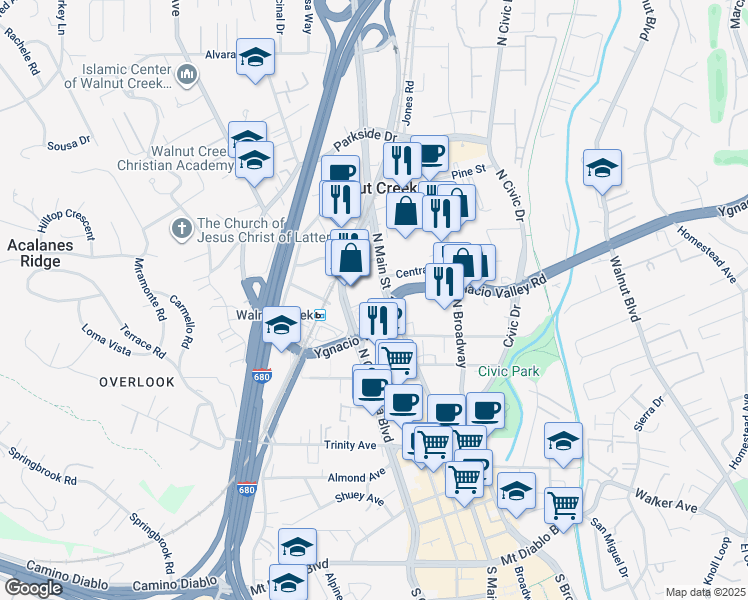 map of restaurants, bars, coffee shops, grocery stores, and more near 2033 North Main Street in Walnut Creek