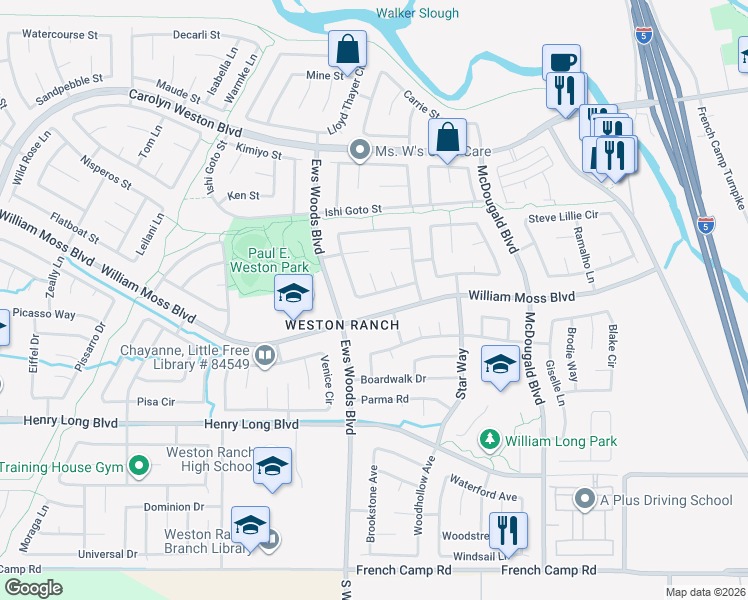 map of restaurants, bars, coffee shops, grocery stores, and more near 1114-1116 Klemeyer Circle in Stockton