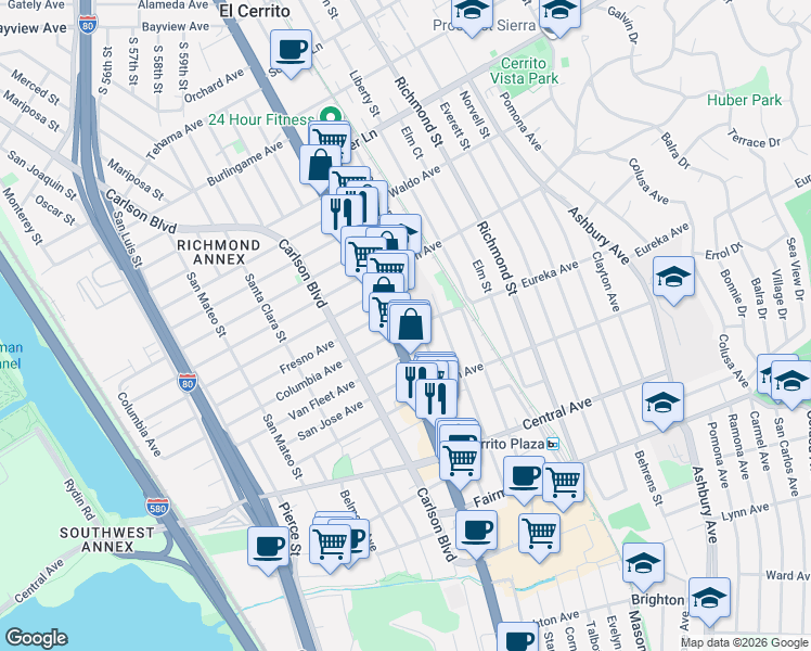 map of restaurants, bars, coffee shops, grocery stores, and more near 10323 San Pablo Avenue in El Cerrito