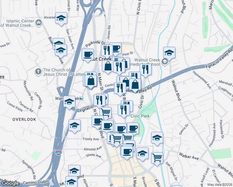 map of restaurants, bars, coffee shops, grocery stores, and more near 555 Ygnacio Valley Road in Walnut Creek
