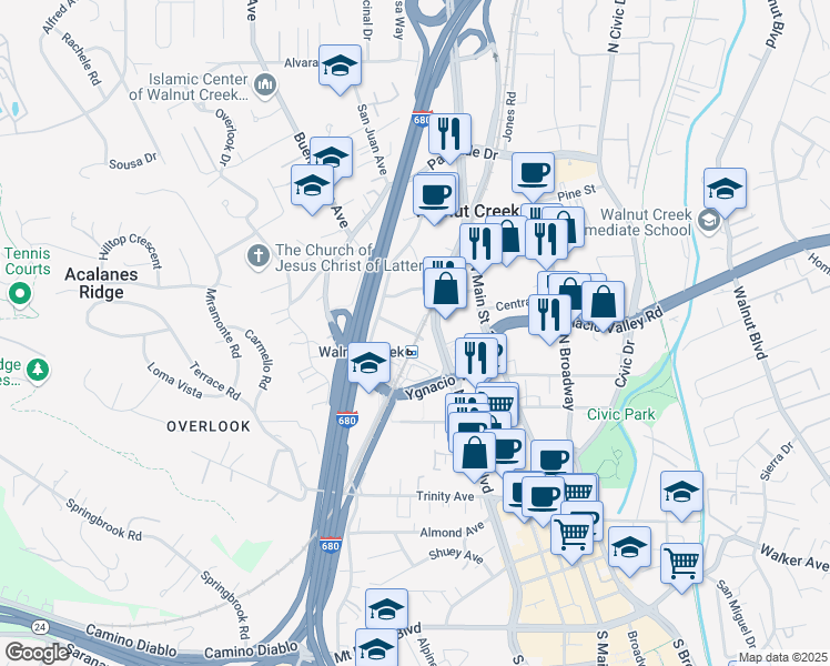 map of restaurants, bars, coffee shops, grocery stores, and more near 101 Pringle Avenue in Walnut Creek