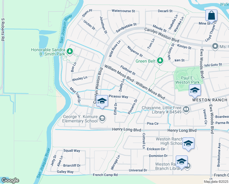 map of restaurants, bars, coffee shops, grocery stores, and more near 4150 Degas Court in Stockton