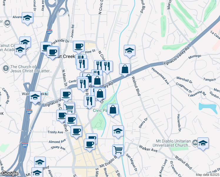 map of restaurants, bars, coffee shops, grocery stores, and more near 1101 Civic Drive in Walnut Creek