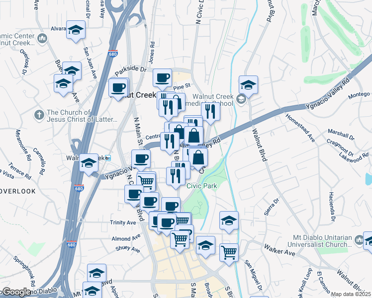 map of restaurants, bars, coffee shops, grocery stores, and more near 587 Ygnacio Valley Road in Walnut Creek