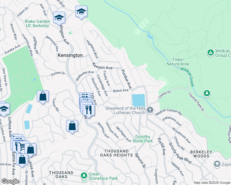 map of restaurants, bars, coffee shops, grocery stores, and more near 426 Beloit Avenue in Kensington