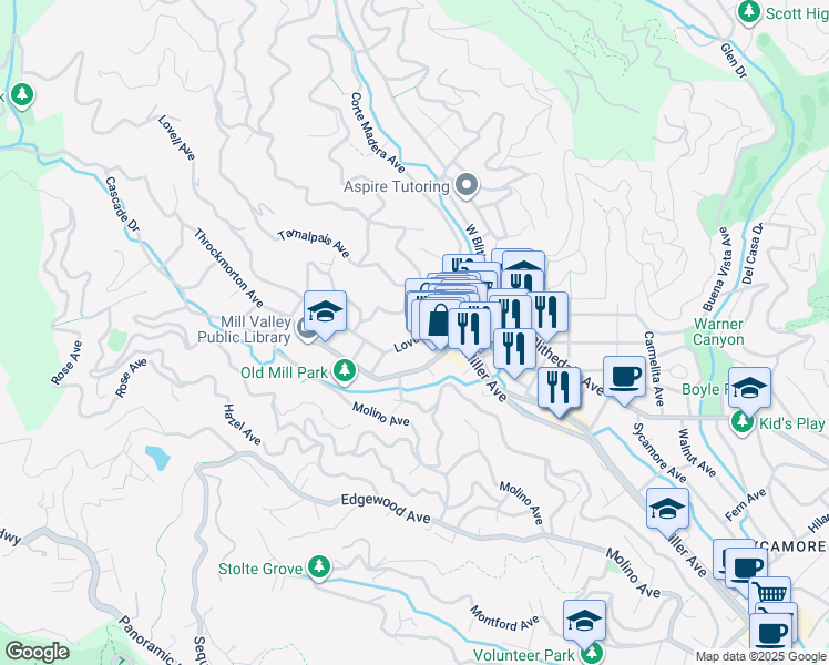 map of restaurants, bars, coffee shops, grocery stores, and more near 52 Lovell Avenue in Mill Valley