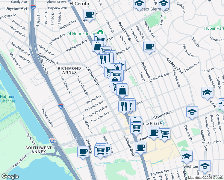 map of restaurants, bars, coffee shops, grocery stores, and more near 10323 San Pablo Avenue in El Cerrito