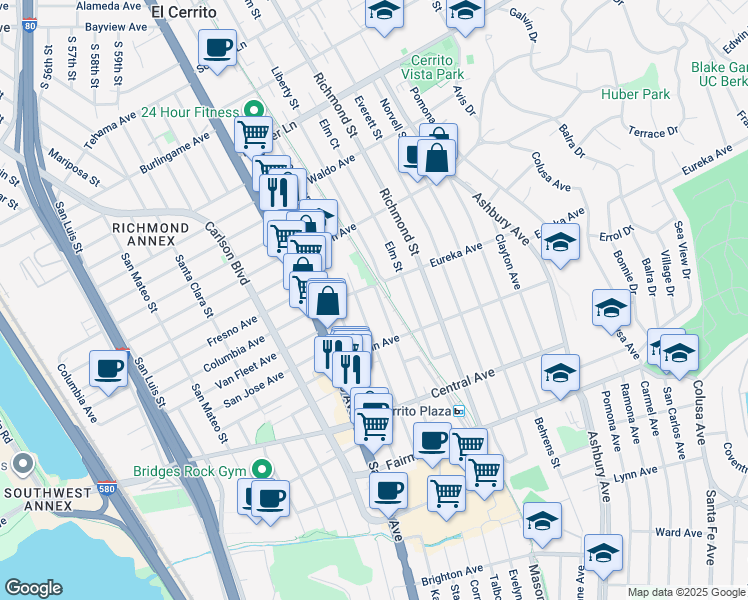 map of restaurants, bars, coffee shops, grocery stores, and more near 6530 Eureka Avenue in El Cerrito