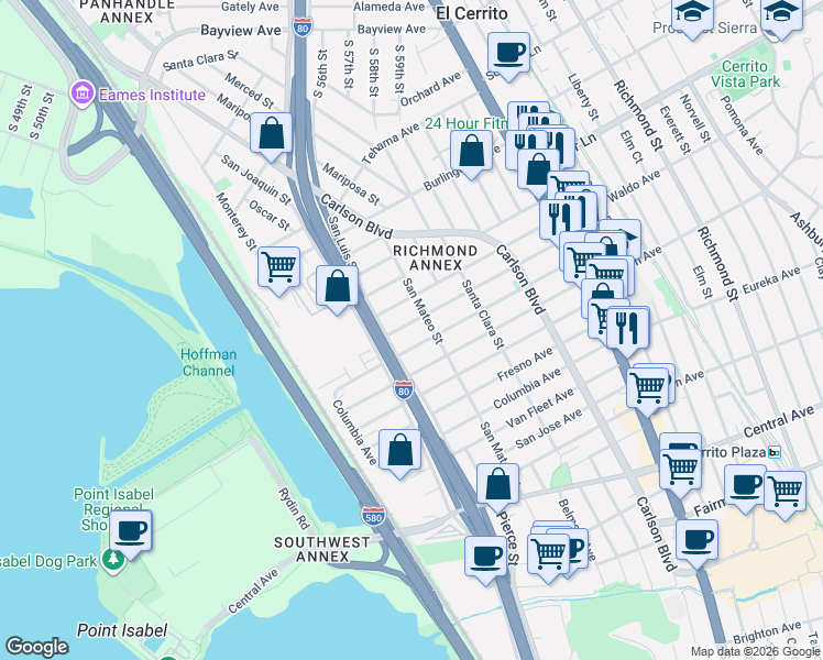 map of restaurants, bars, coffee shops, grocery stores, and more near 5522 Santa Cruz Avenue in Richmond