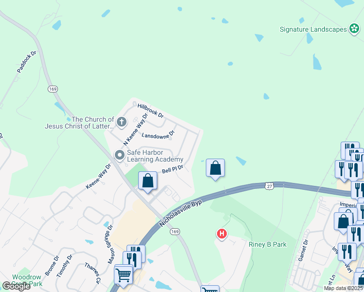 map of restaurants, bars, coffee shops, grocery stores, and more near 529 Bell Place Drive in Nicholasville