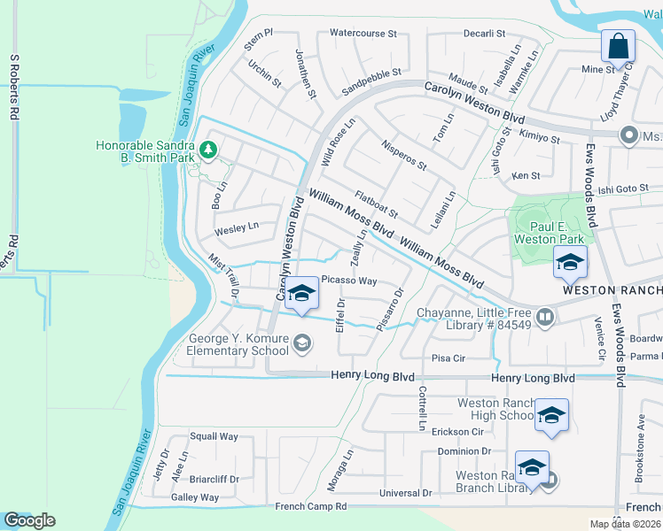 map of restaurants, bars, coffee shops, grocery stores, and more near 4151 Degas Court in Stockton