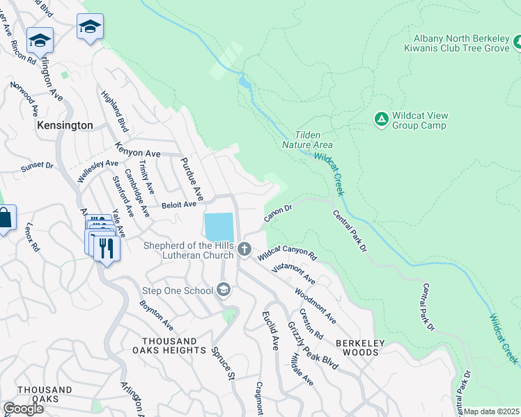 map of restaurants, bars, coffee shops, grocery stores, and more near 605 Plateau Drive in Kensington