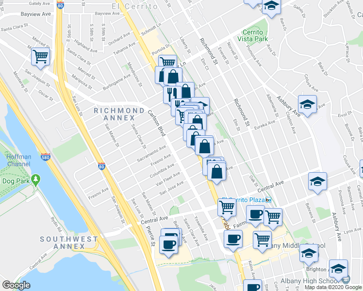 map of restaurants, bars, coffee shops, grocery stores, and more near 6117 Fresno Avenue in Richmond