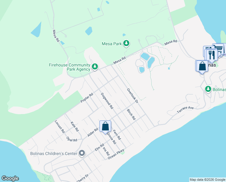 map of restaurants, bars, coffee shops, grocery stores, and more near 435 Birch Road in Bolinas