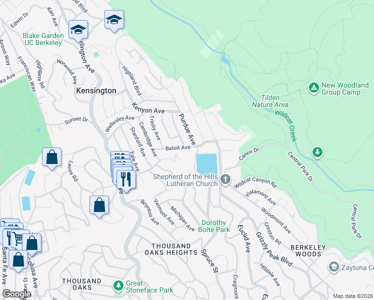 map of restaurants, bars, coffee shops, grocery stores, and more near 466 Beloit Avenue in Kensington