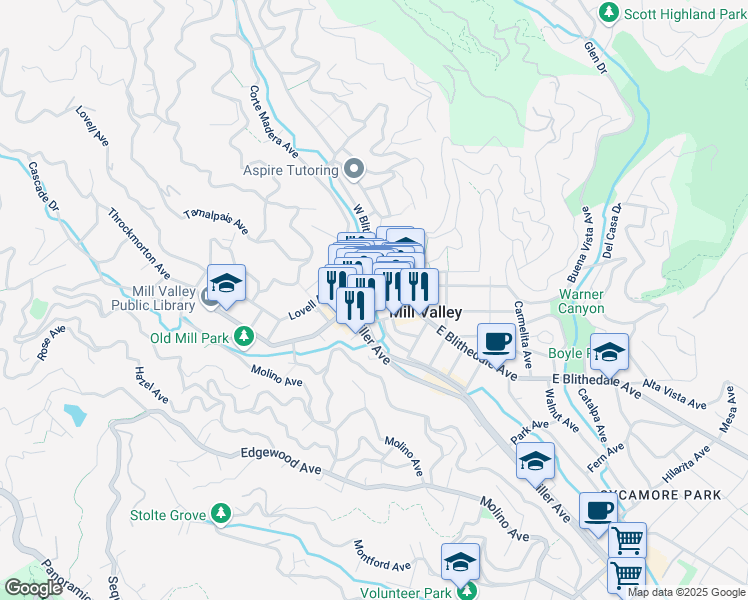 map of restaurants, bars, coffee shops, grocery stores, and more near 35 Throckmorton Avenue in Mill Valley